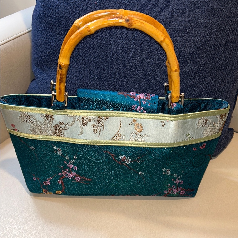Teal Floral Women's Satchel with Bamboo Handle